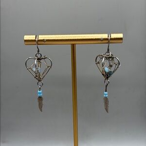 Vintage Southwestern Silver Tone Feather Heart Cage Earrings with Blue Accents